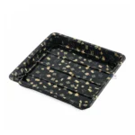 WL-3114 black Maple Leaf sushi tray without a lid, showing the patterned interior at an angle.