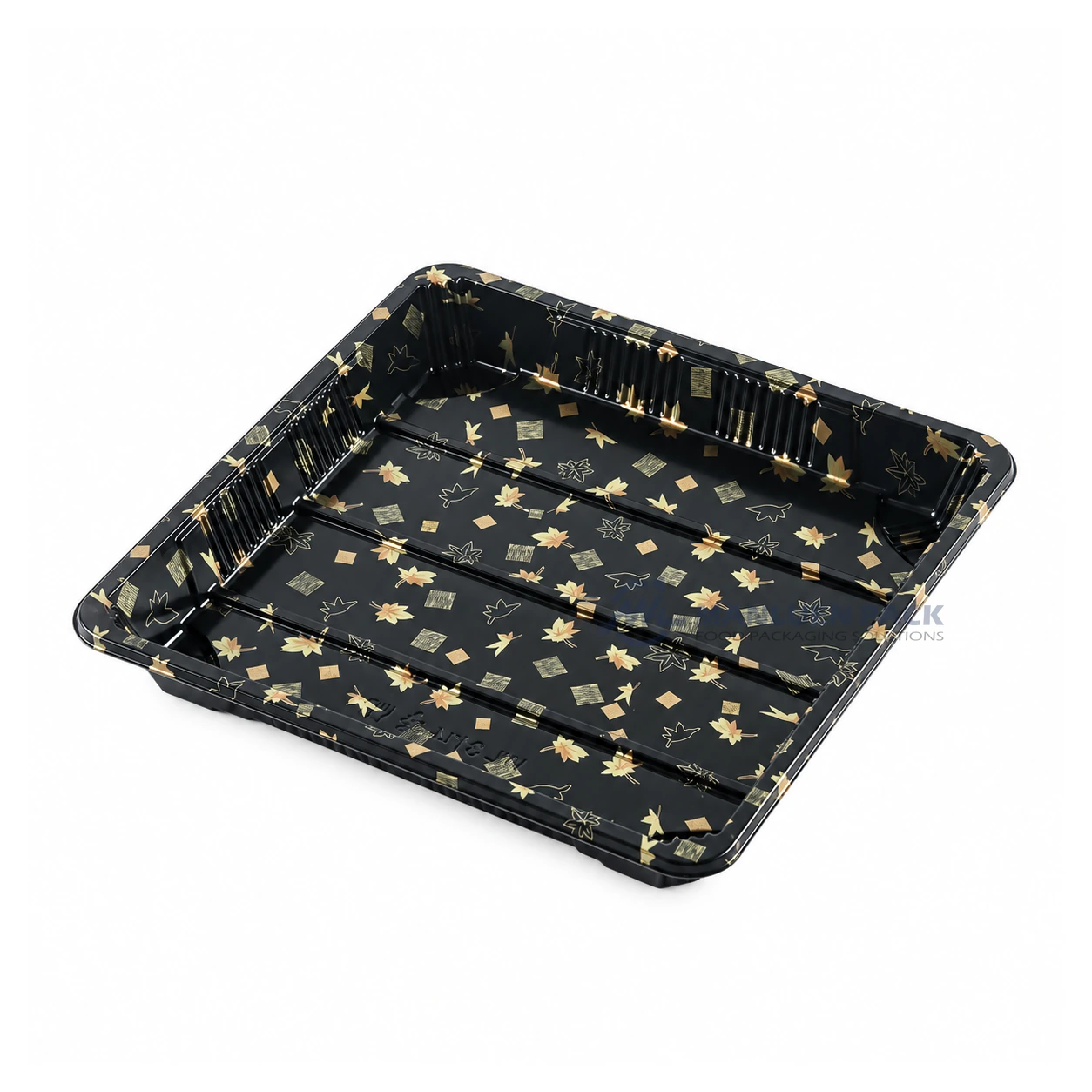 WL-3114 black Maple Leaf sushi tray without a lid, showing the patterned interior at an angle.