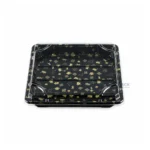 WL-3114 black Maple Leaf sushi box container with a clear lid, viewed from the front and above.