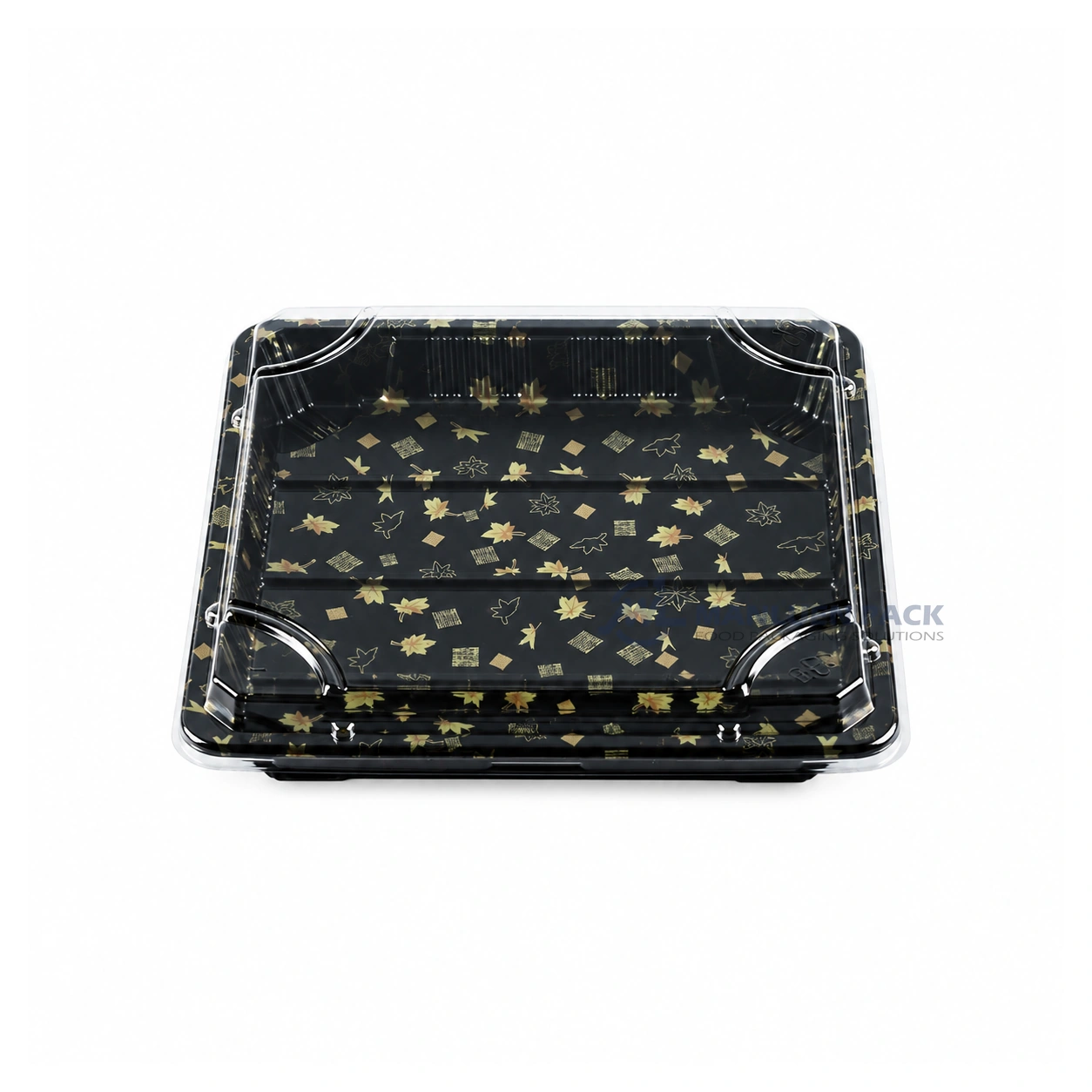WL-3114 Black Maple Leaf Sushi Container with Lid WL-3114 black Maple Leaf sushi container with a transparent lid, front elevated view