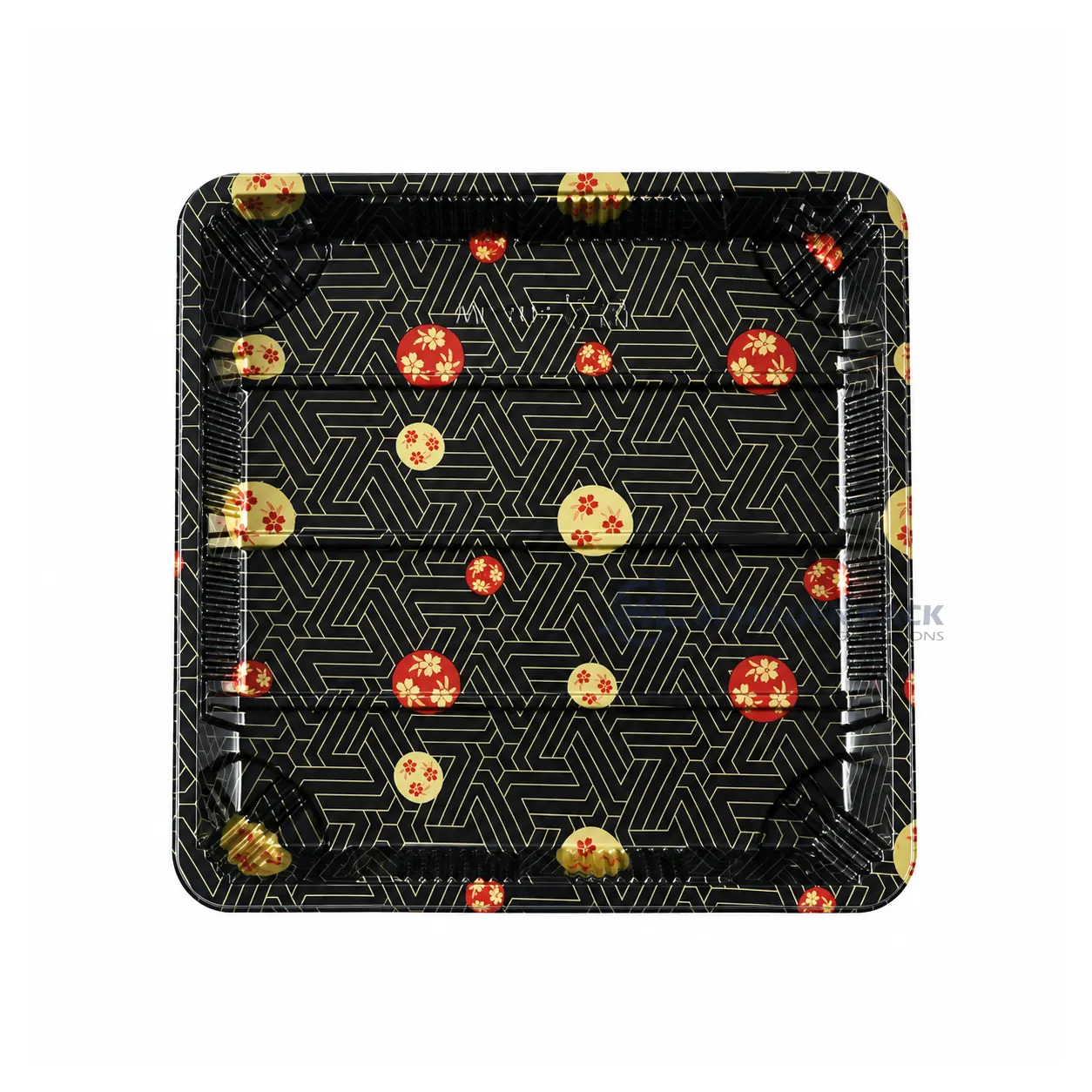 WL-3114 Black Sakura Sushi Tray, Top View WL-3114 black Sakura sushi tray without a lid, top view