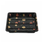 WL-3114 black Sakura disposable sushi tray without a lid, shown from the front at an elevated angle.