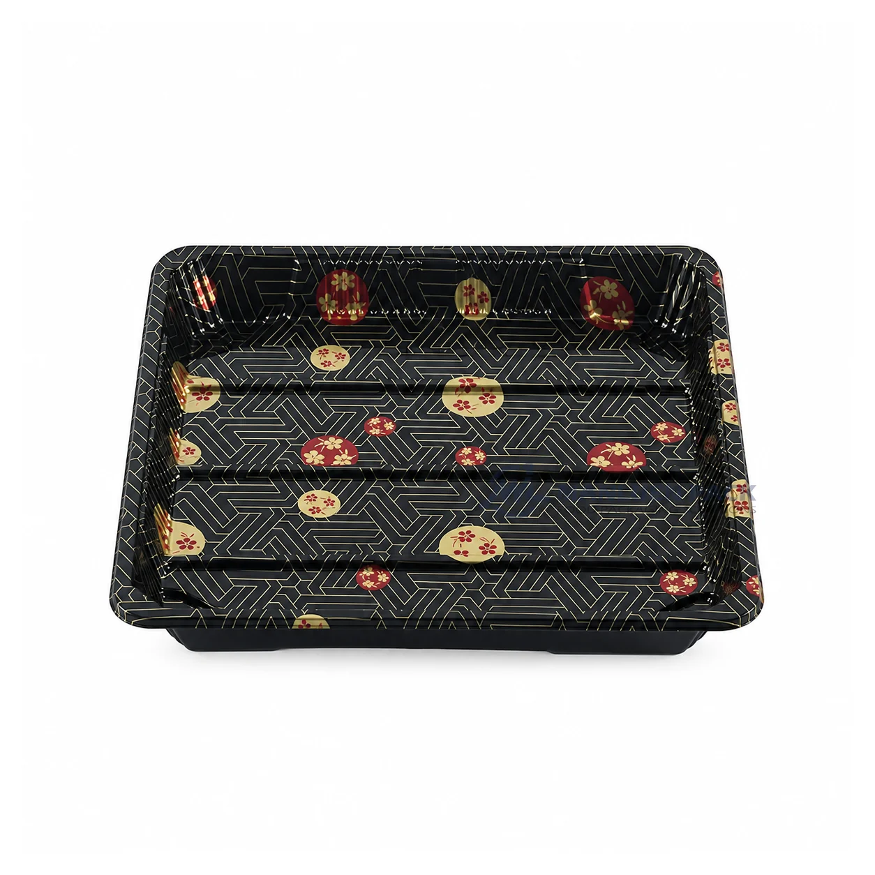 WL-3114 black Sakura disposable sushi tray without a lid, shown from the front at an elevated angle.