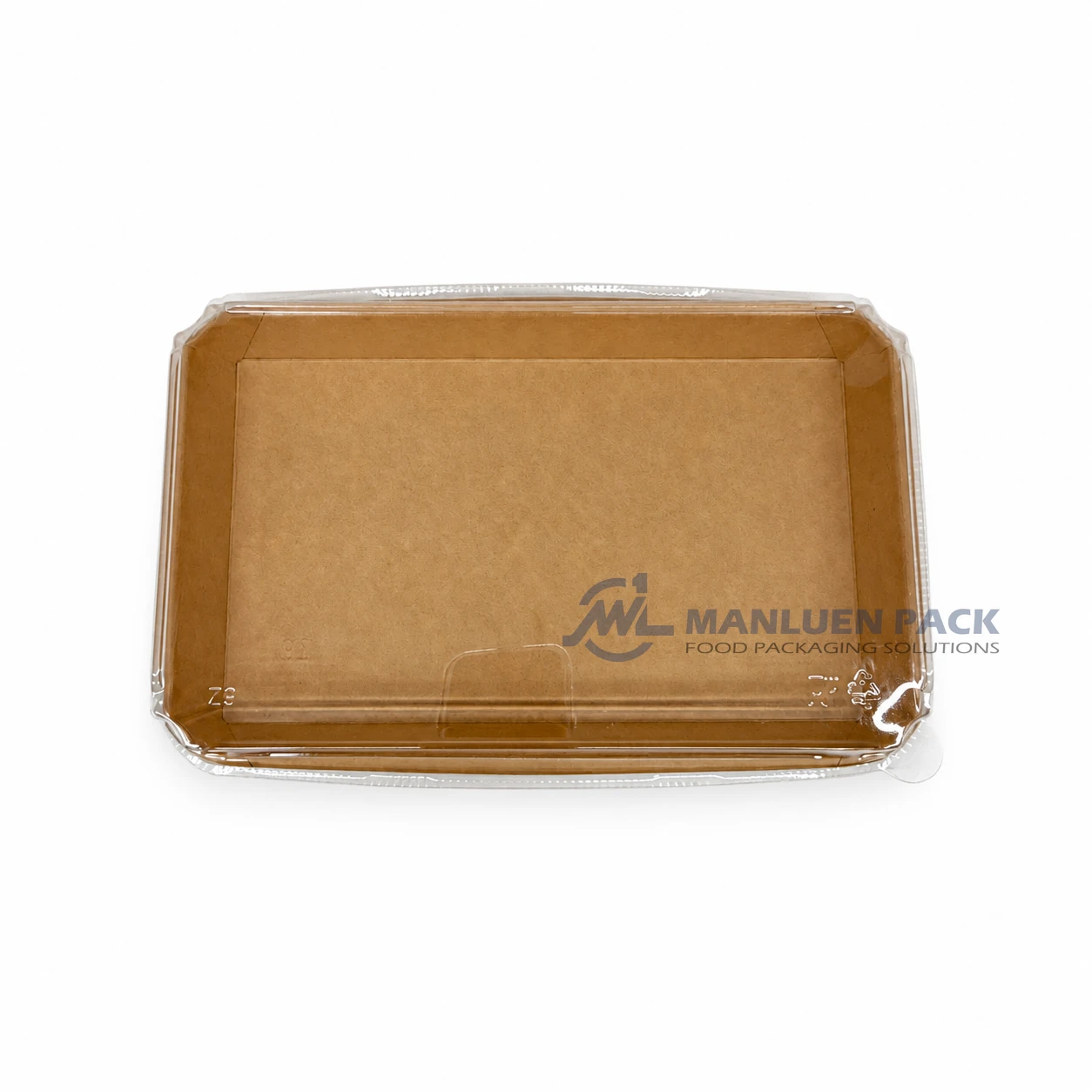 WL-1111 Large Kraft Paper Sushi Tray with Clear PET Lid 4 WL-1111 large kraft paper sushi box with PET cover closed side view for wholesale catering