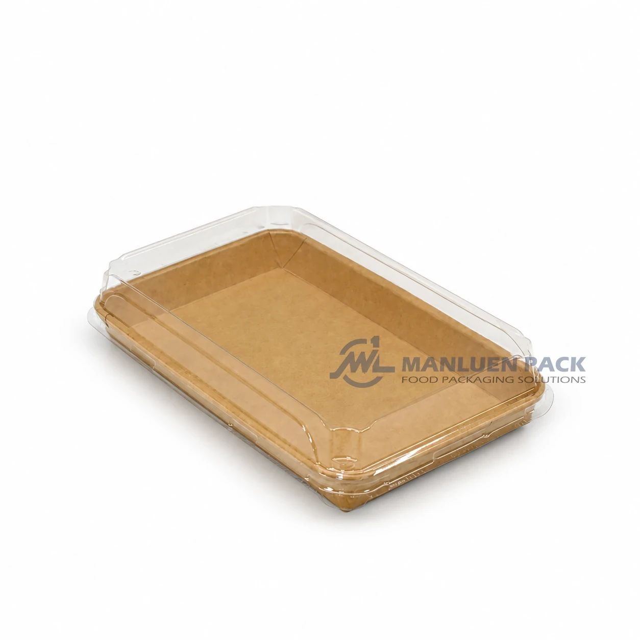 WL-1111 Large Kraft Paper Sushi Tray with Clear PET Lid 1 WL-1111 large kraft paper sushi tray with clear PET lid closed top angled view