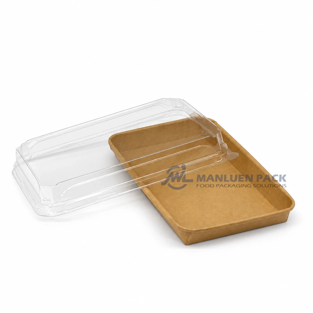 WL-1111 Large Kraft Paper Sushi Tray with Clear PET Lid 2 WL-1111 kraft sushi takeout container with transparent PET lid open top view