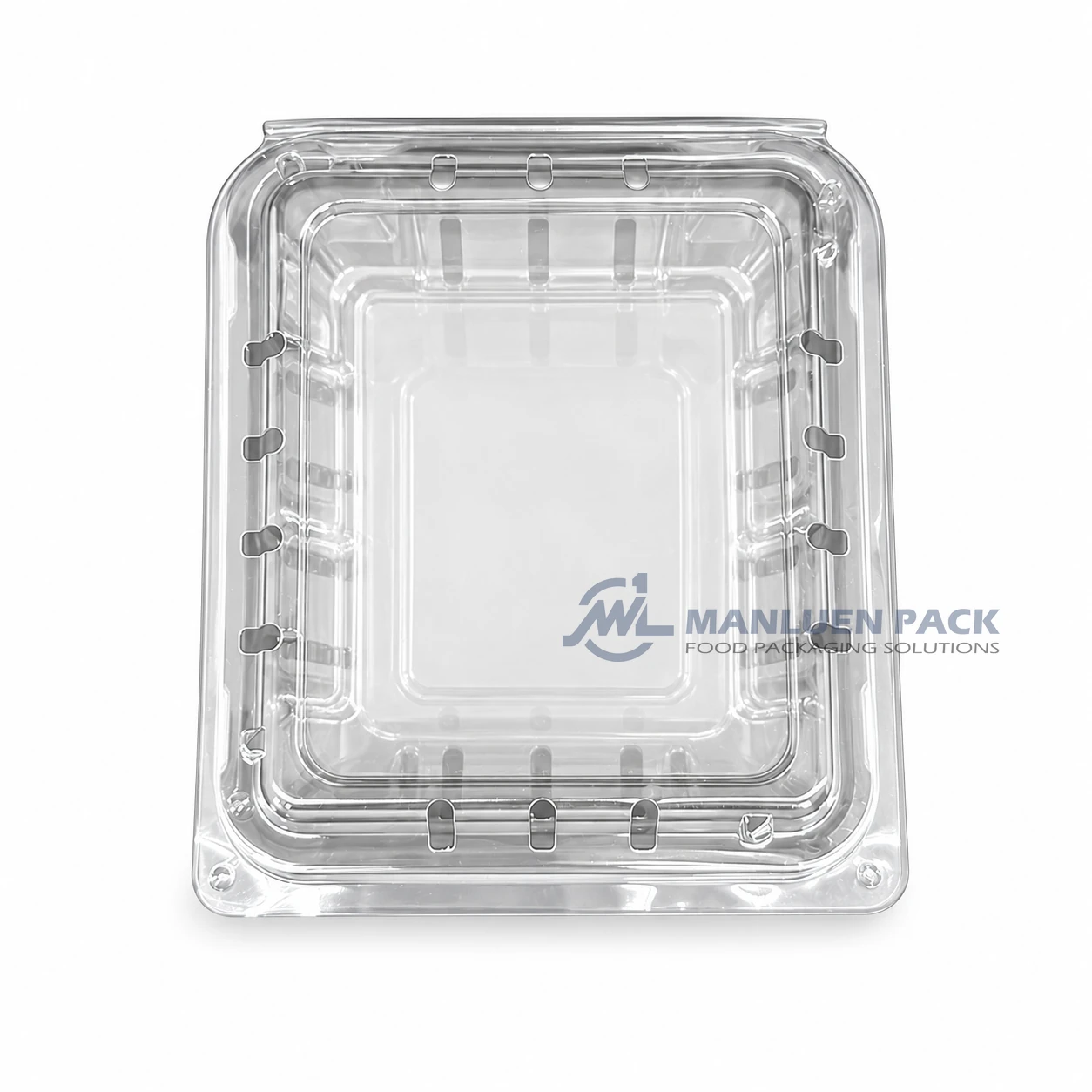ML-125C1 Clear PET Hinged Clamshell Blueberry Container 4 ML-125C1 clear hinged plastic clamshell box open angled view for wholesale fruit packaging