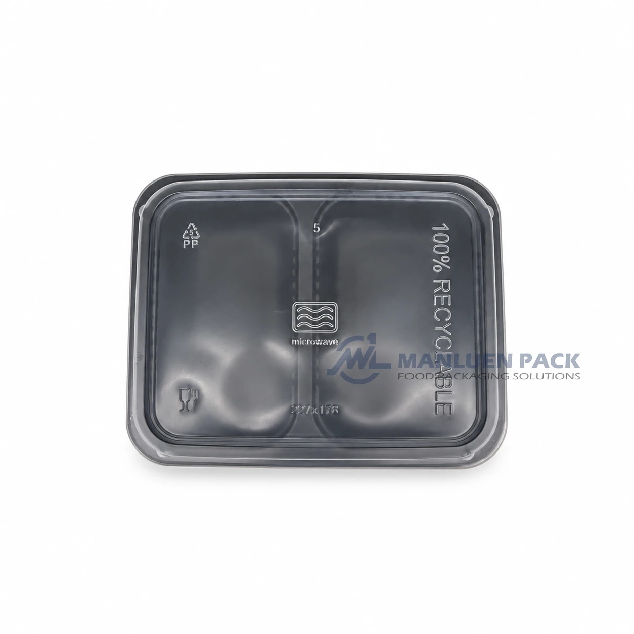 WL‑2015c‑5 Black 2 Compartment PP Heat Sealable Food Tray 2 WL-2015C-5 black two compartment takeout food container with transparent lid top view