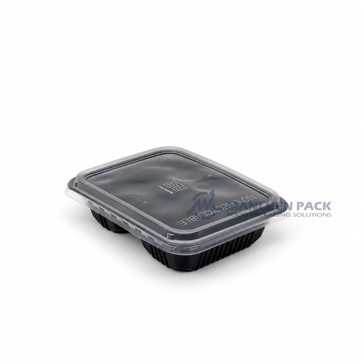 WL‑2015c‑5 Black 2 Compartment PP Heat Sealable Food Tray 1 WL-2015C-5 black rectangular two compartment PP bento box with clear lid angled view