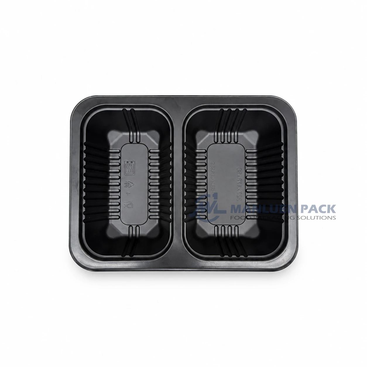 WL‑2015c‑5 Black 2 Compartment PP Heat Sealable Food Tray 3 WL-2015C-5 black PP plastic bento lunch box showing two separate food compartments top view