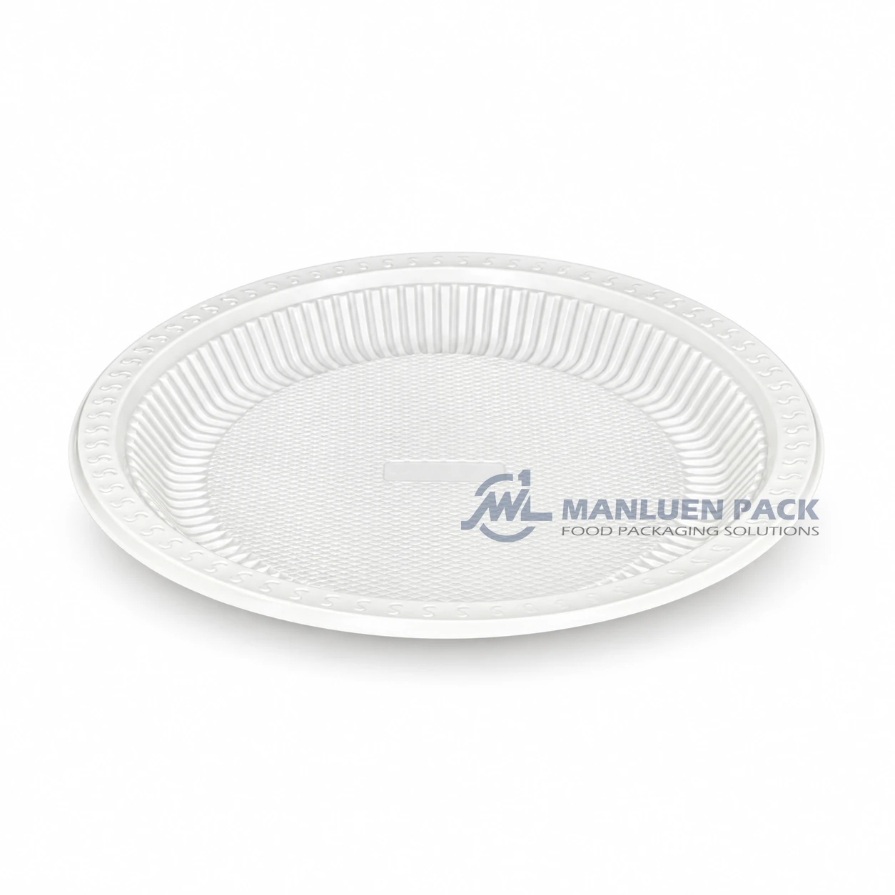 WL-R101 10 Inch Disposable Round PP Plate 1 WL-R101 white 10 inch round PP plate angled view for main meals and catering