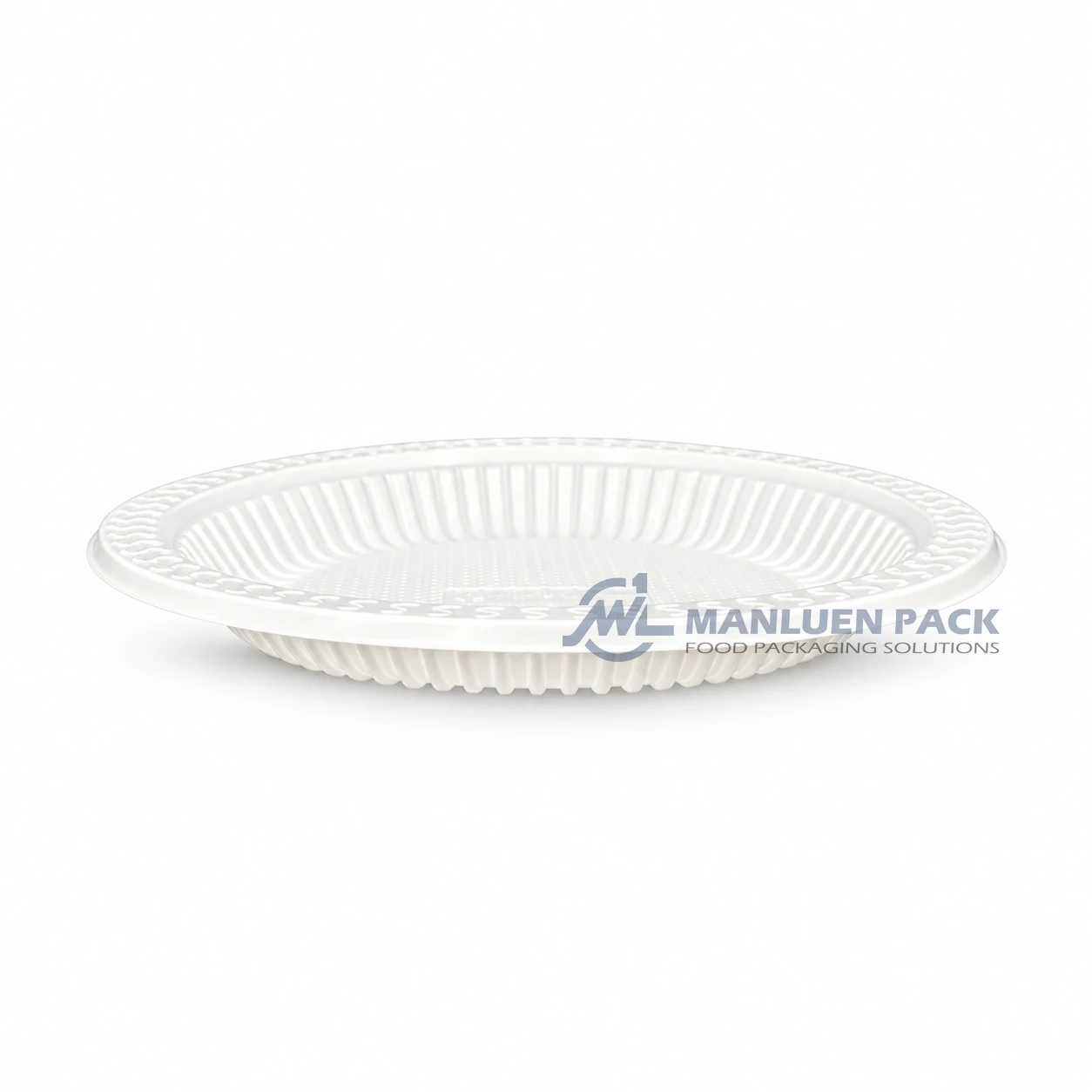 WL-R101 10 Inch Disposable Round PP Plate 2 WL-R101 white plastic take out plate low side view for restaurants and takeaway service