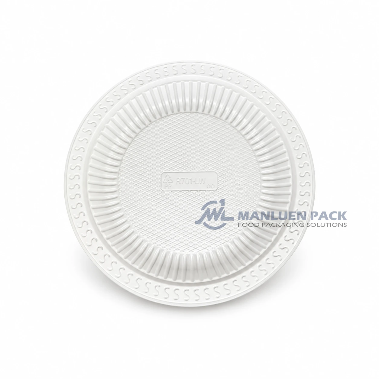 WL-R701 7 Inch Disposable Round PP Tableware Plate 1 WL-R701 white 7 inch round PP plate angled view for appetizers and desserts