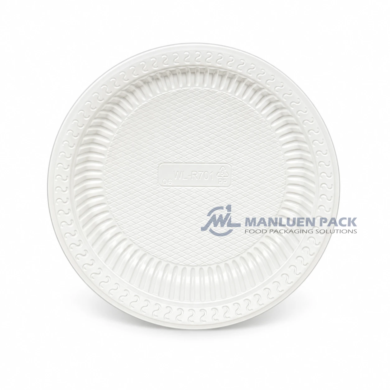 WL-R701 7 Inch Disposable Round PP Tableware Plate 3 WL-R701 white partyware plate top view for wedding receptions and birthday celebrations