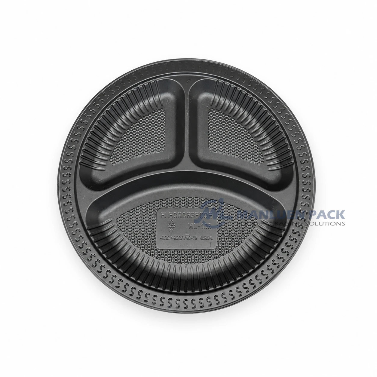 WL-R103 10 Inch Disposable 3 Compartment PP Takeout Plate 1 WL-R103 black 10 inch three compartment PP bento plate top view