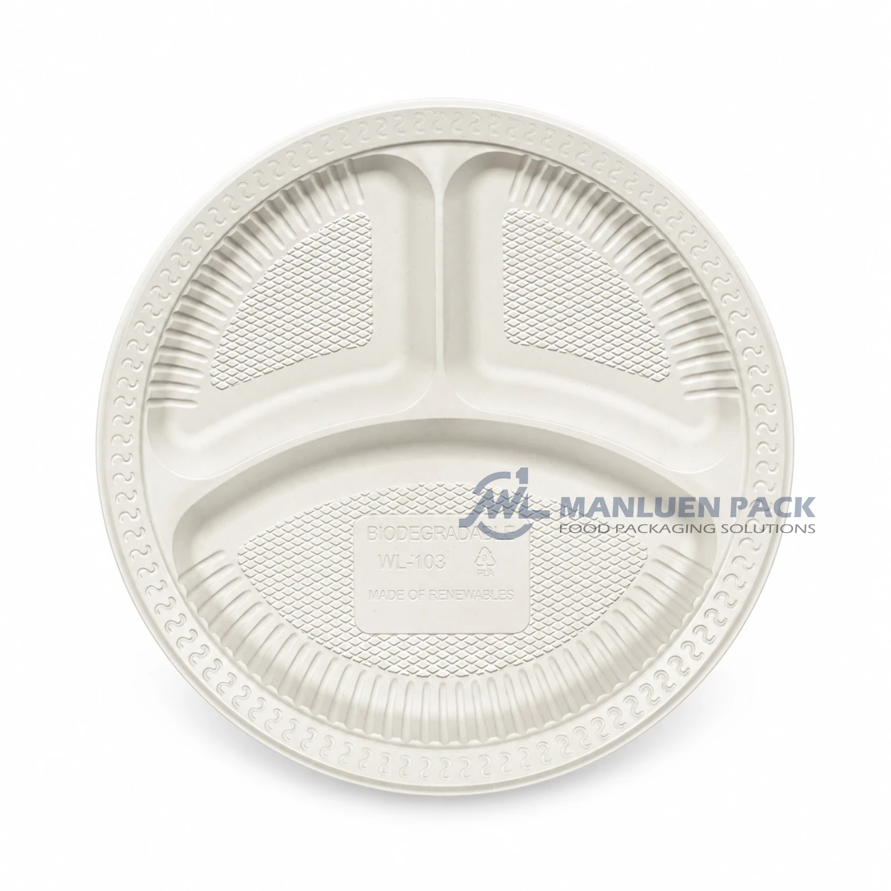 WL-R103 10 Inch Disposable 3 Compartment PP Takeout Plate 3 WL-R103 white three compartment party plate close top view for wedding and birthday catering