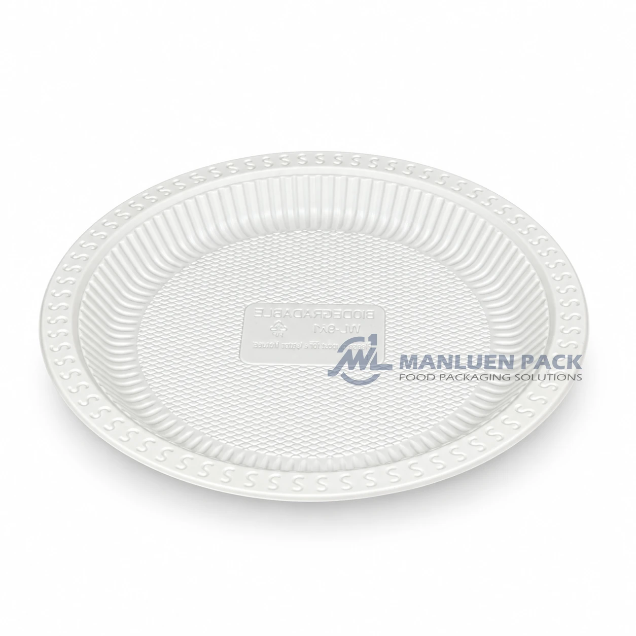 WL-R901 9 Inch Disposable Round PP Takeout Plate 3 WL-R901 white partyware plate angled view for wedding receptions and birthday celebrations