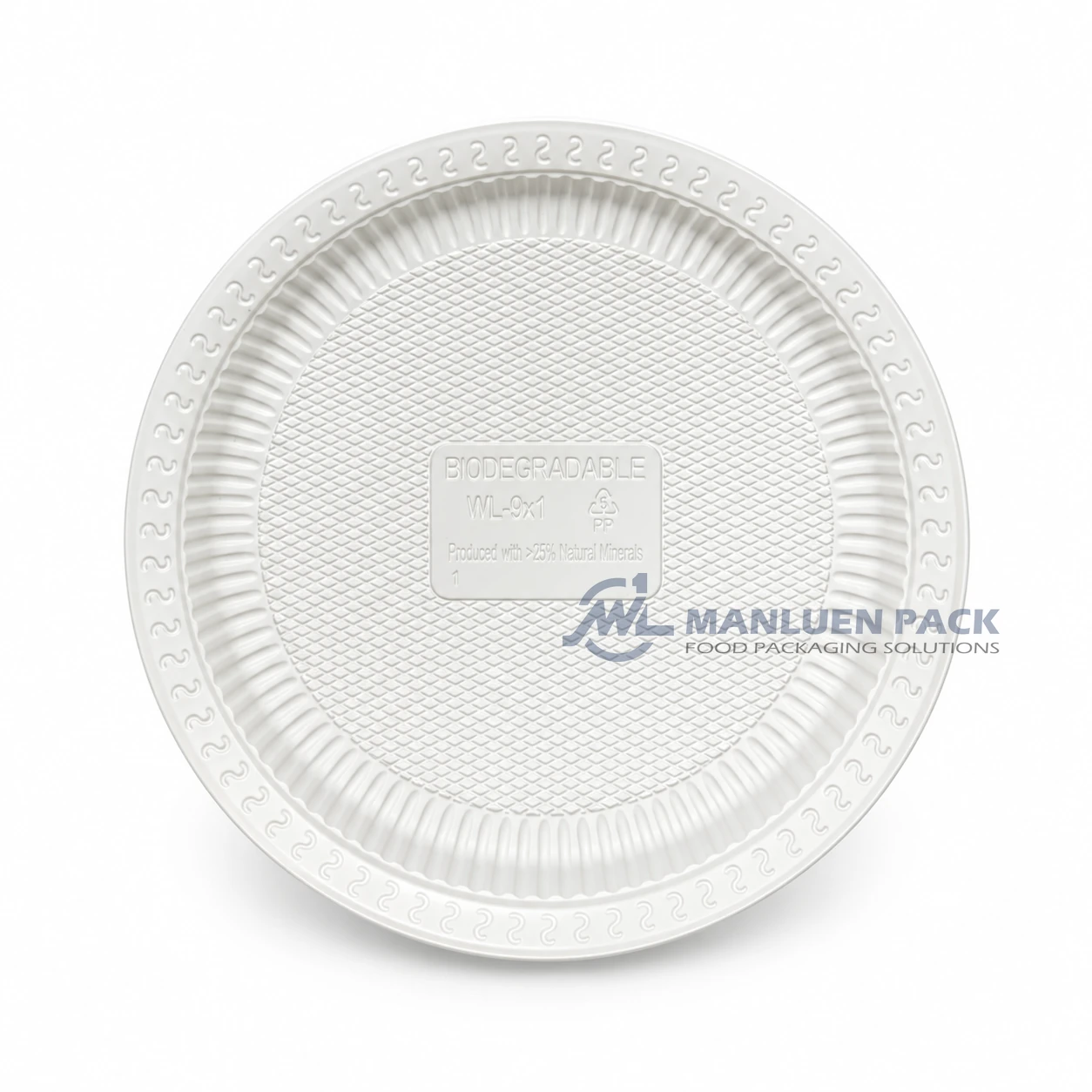 WL-R901 9 Inch Disposable Round PP Takeout Plate 4 WL-R901 white BPA free round plastic plate top view for wholesale and bulk catering orders