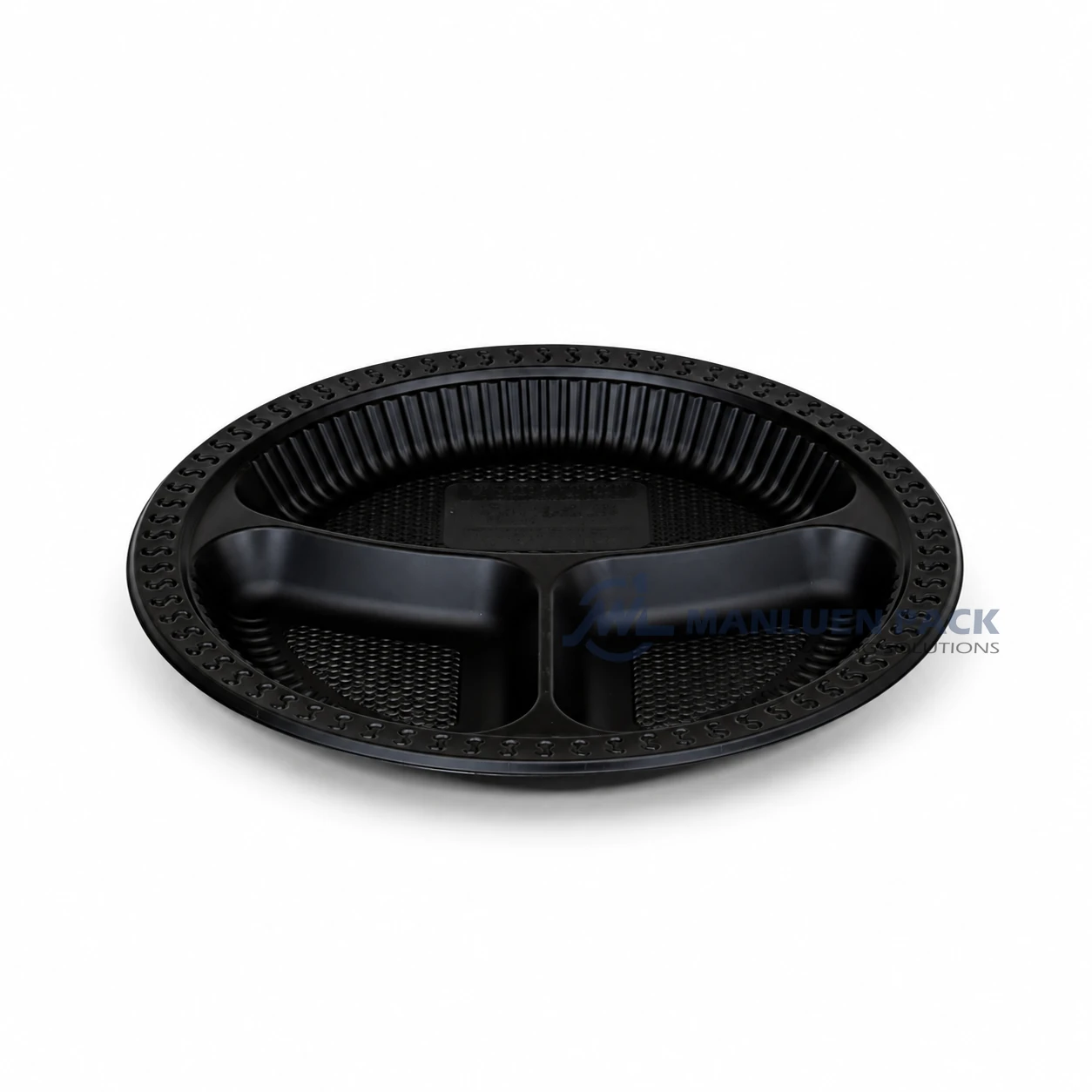 WL-R903 9 Inch Disposable 3 Compartment PP Plate 4 WL-R903 black three compartment divider plate low angle view for wholesale catering supplies
