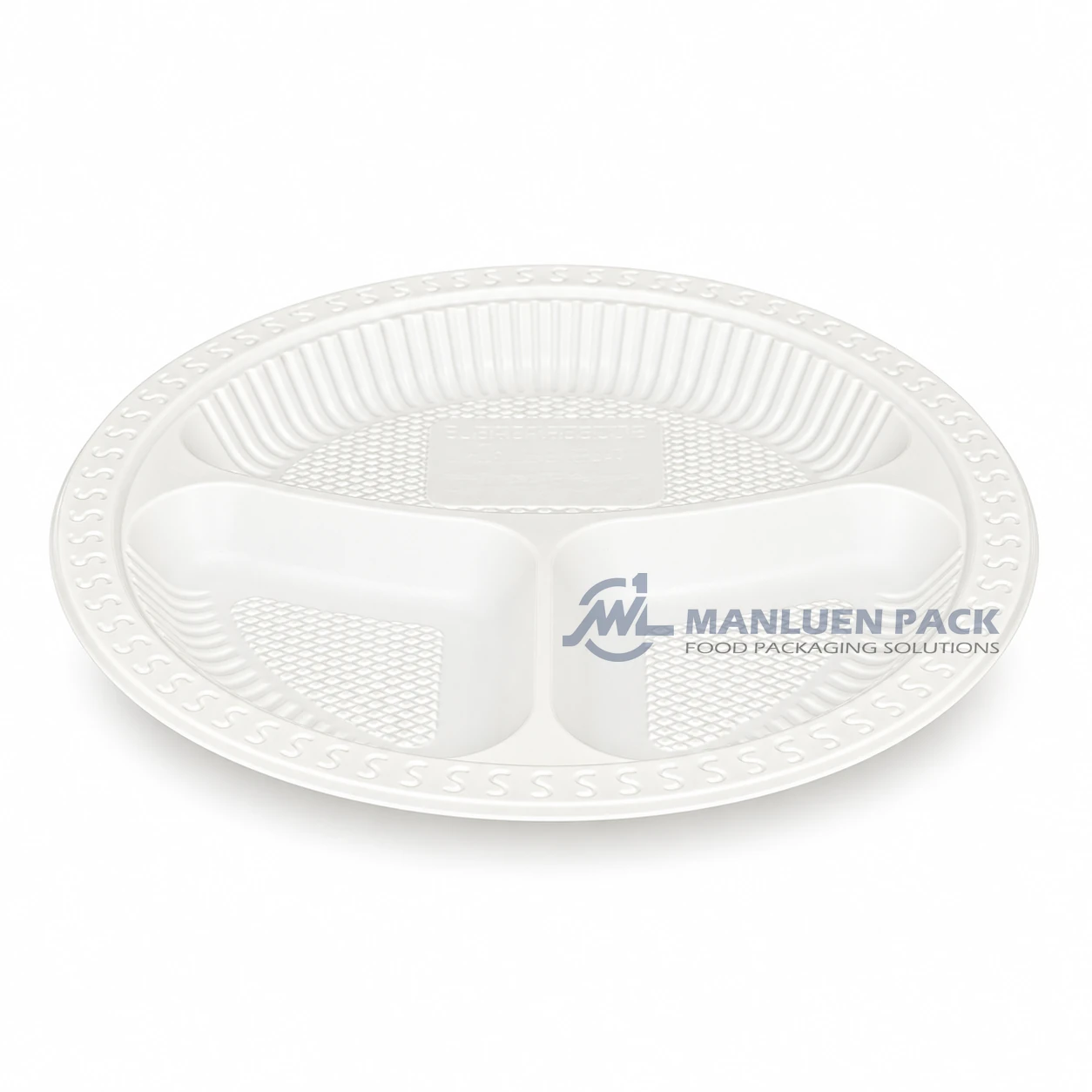 WL-R903 9 Inch Disposable 3 Compartment PP Plate 2 WL-R903 white three compartment take out plate angled view for takeaway meals