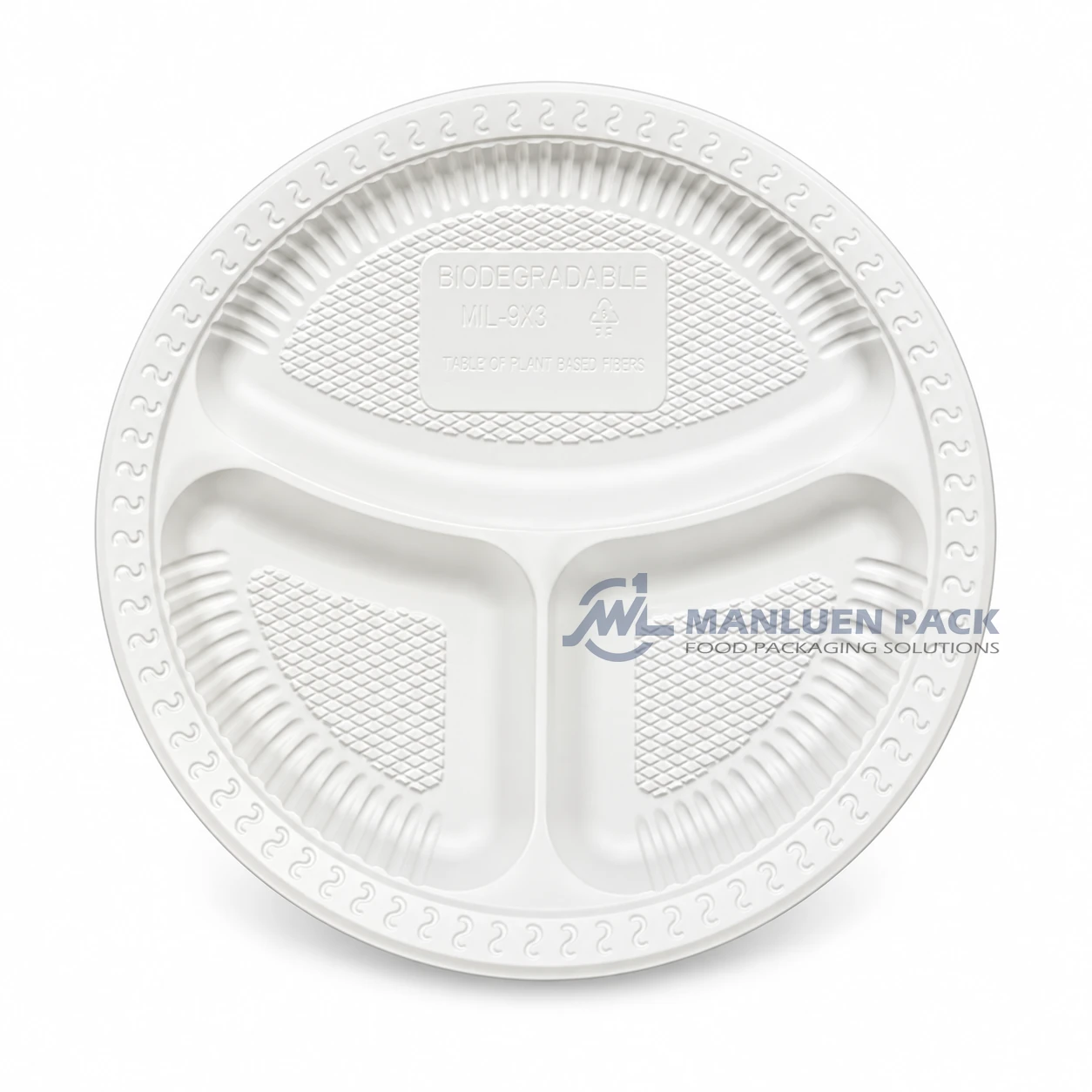 WL-R903 9 Inch Disposable 3 Compartment PP Plate 3 WL-R903 white three section party plate top view for weddings and birthday catering