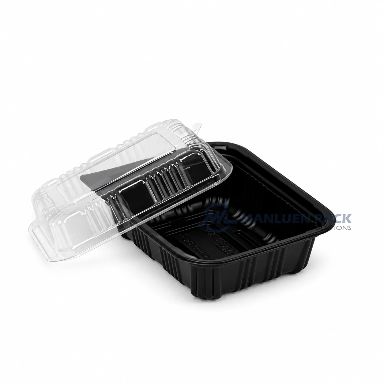 Wl 905 Black Rectangular Deli Container Open Clear Lid Angled View 03