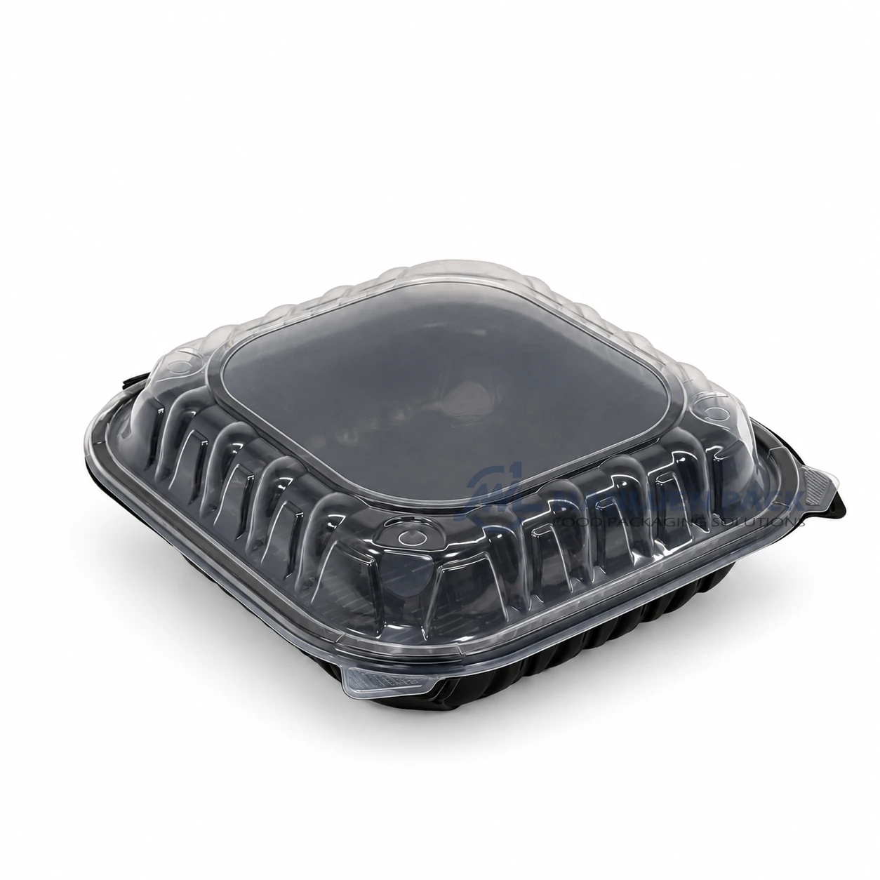 WL-BW101 Microwavable Large Black PP Hinged Clamshell Takeout Container 4 WL-BW101 big black PP single compartment clamshell food container with clear lid closed right angled view for wholesale packaging