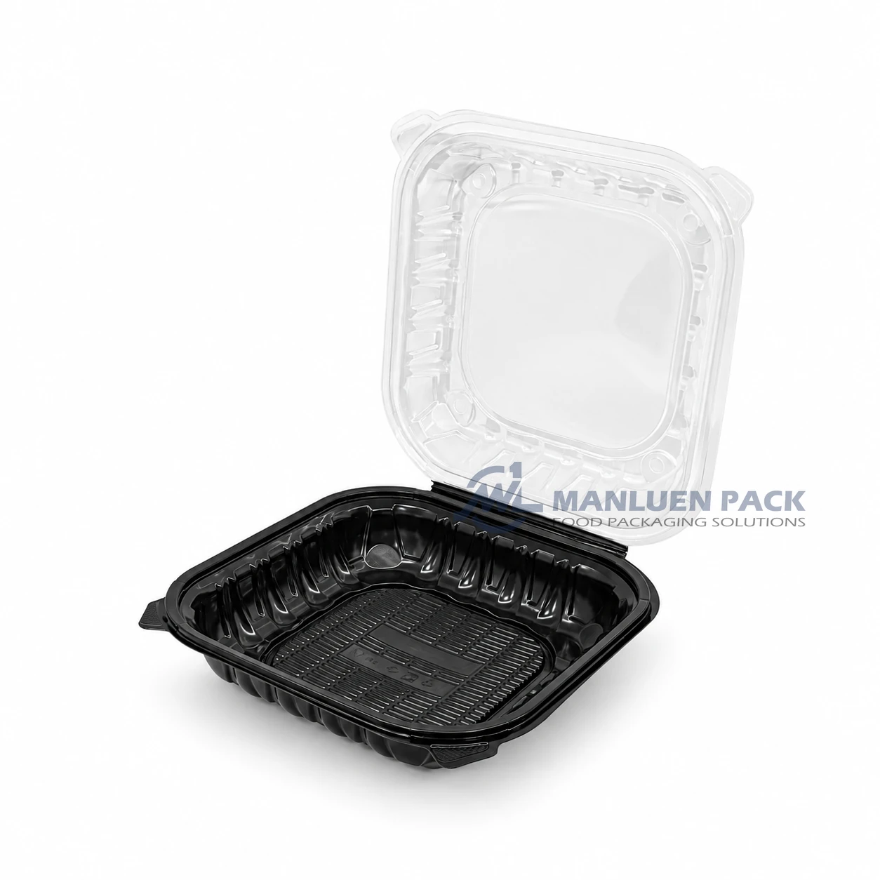 WL-BW101 Microwavable Large Black PP Hinged Clamshell Takeout Container 3 WL-BW101 black and clear PP hinged clamshell takeout container with single compartment open left view