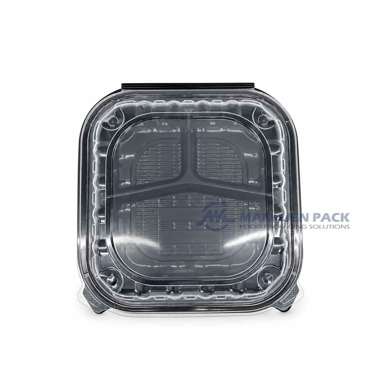 WL-BW103 Disposable Large Three Compartment PP Hinged Clamshell Container 2 WL-BW103 black three section PP clamshell tray with transparent lid top view for salad and sandwich packaging