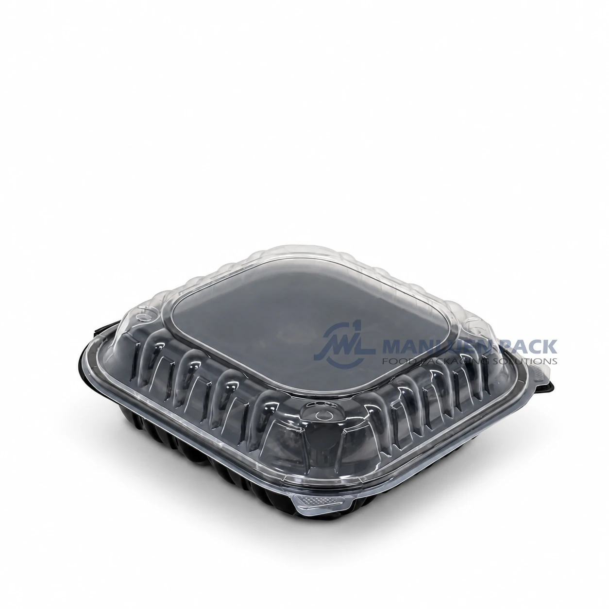 WL-BW103 Disposable Large Three Compartment PP Hinged Clamshell Container 4 WL-BW103 big black PP three compartment clamshell box with clear lid closed angled view for wholesale takeaway food packaging