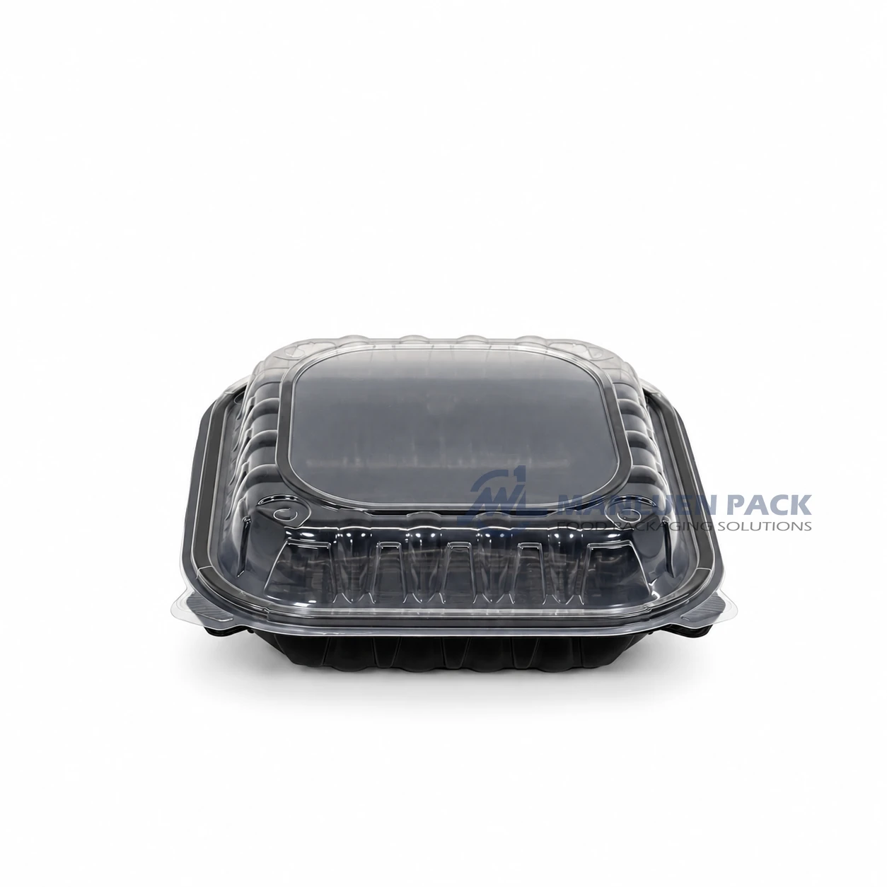 WL-BW103 Disposable Large Three Compartment PP Hinged Clamshell Container 3 WL-BW103 large black and clear three compartment hinged clamshell food container closed front view
