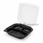 Wl Bw103 Black Three Compartment Deli Container Open Lid Angled View 05