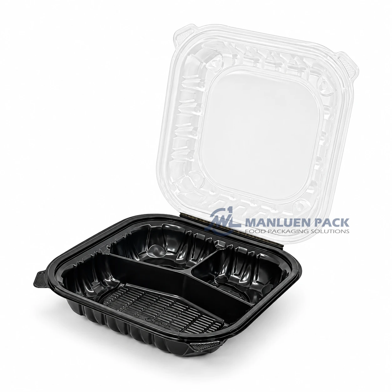 WL-BW103 Disposable Large Three Compartment PP Hinged Clamshell Container 1 WL-BW103 large black PP three compartment clamshell container with clear hinged lid open angled view