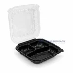 Wl Bw103 Black Three Compartment Deli Container Open Lid Front View 02