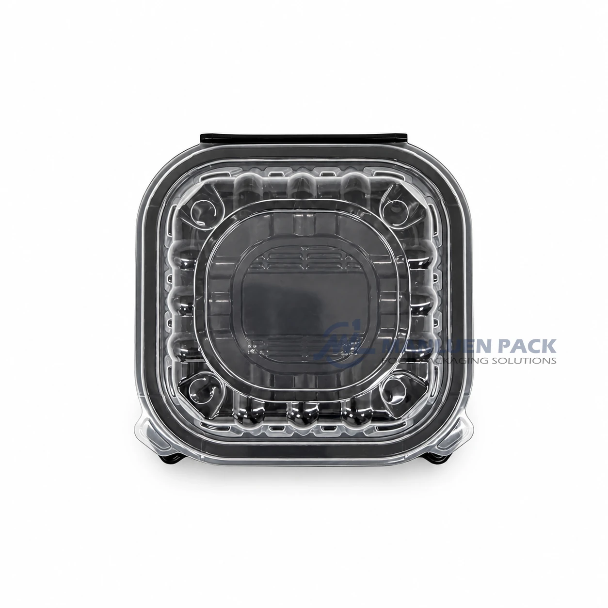 WL-BW61 Dual Colour PP Hinged Clamshell Takeout Container with Clear Lid 2 WL-BW61 black plastic food clamshell with transparent lid top view for salad and sandwich packaging