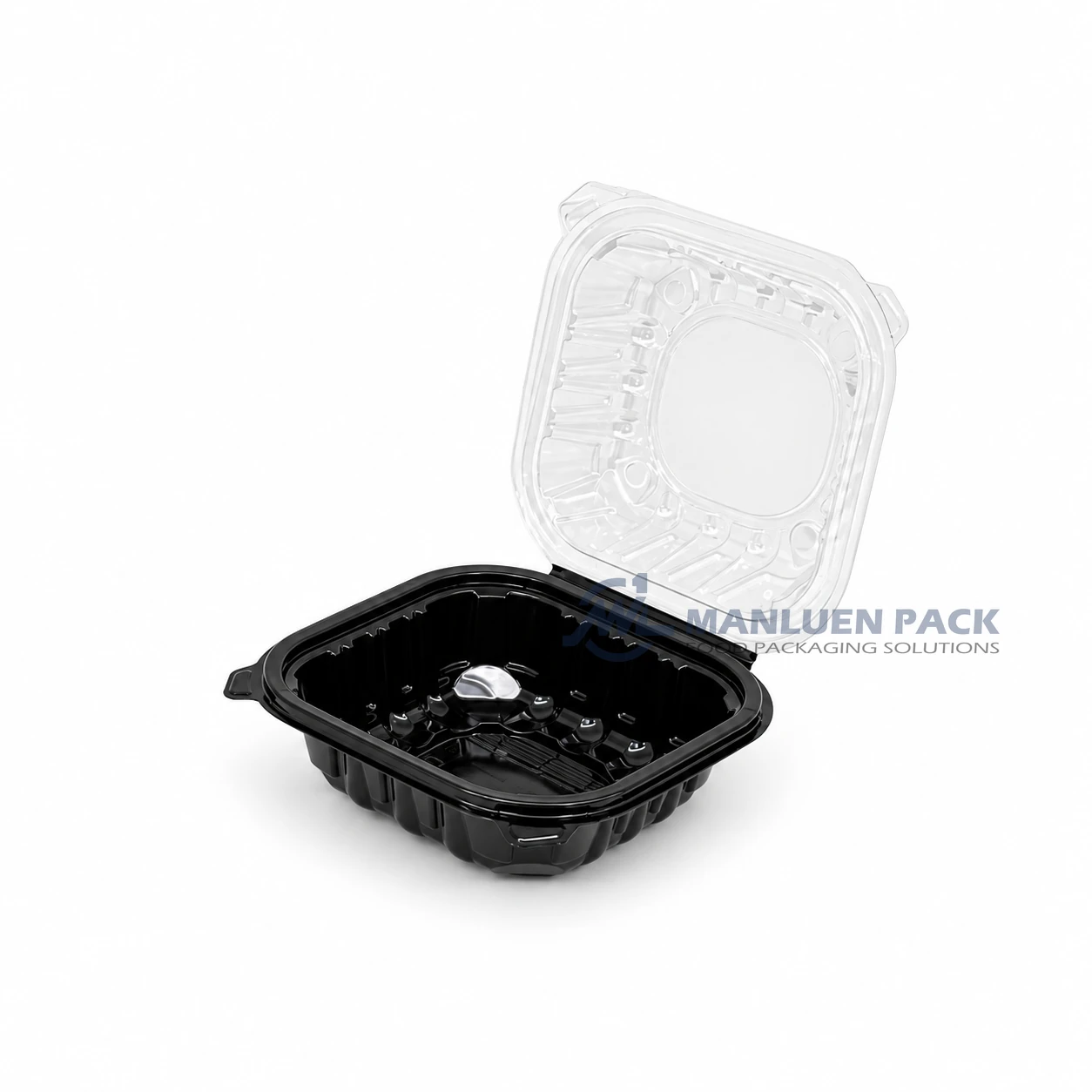 WL-BW61 Dual Colour PP Hinged Clamshell Takeout Container with Clear Lid 4 WL-BW61 black PP square clamshell box with clear lid closed left angle view for wholesale packaging