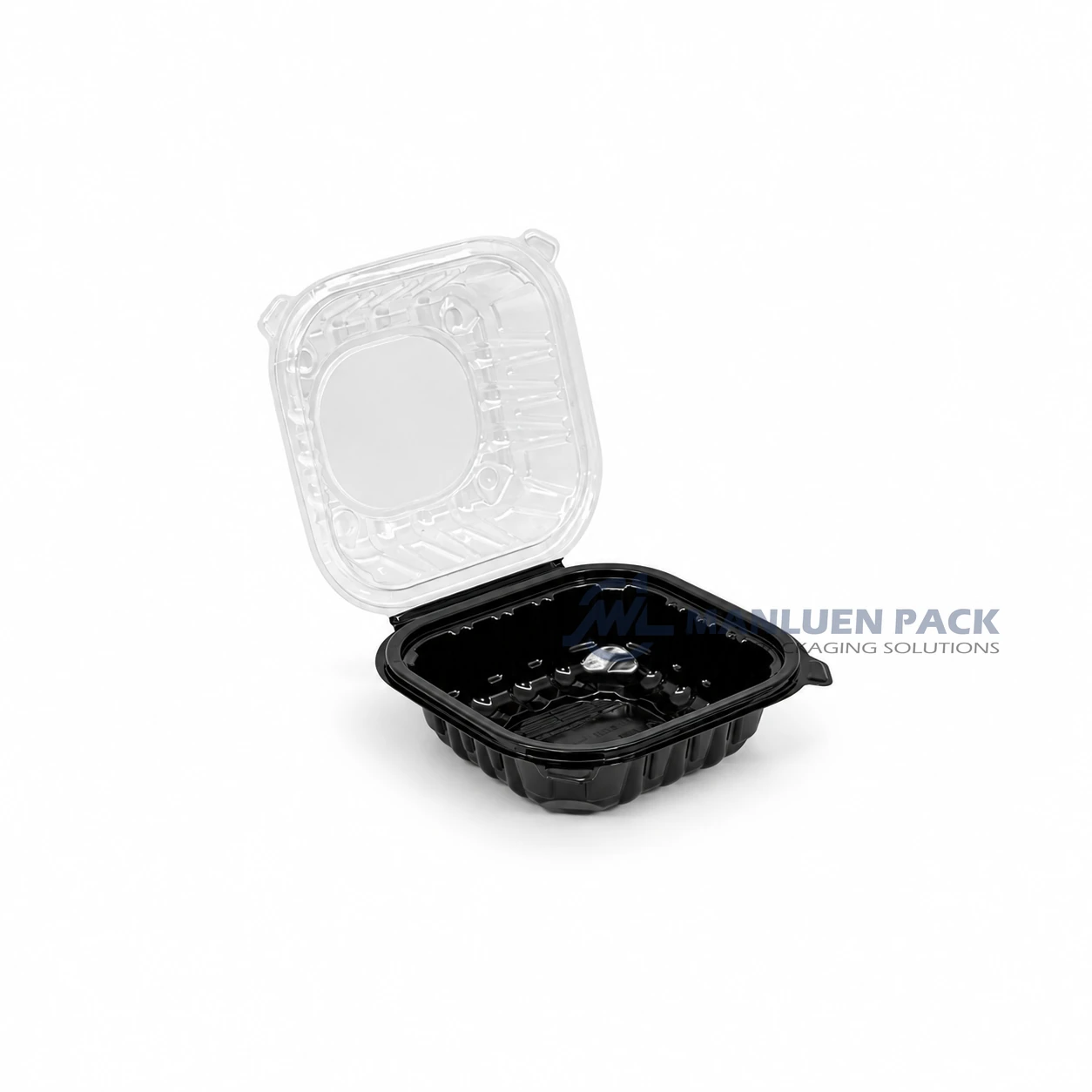 WL-BW61 Dual Colour PP Hinged Clamshell Takeout Container with Clear Lid 1 WL-BW61 black square PP clamshell container with clear hinged lid open right view