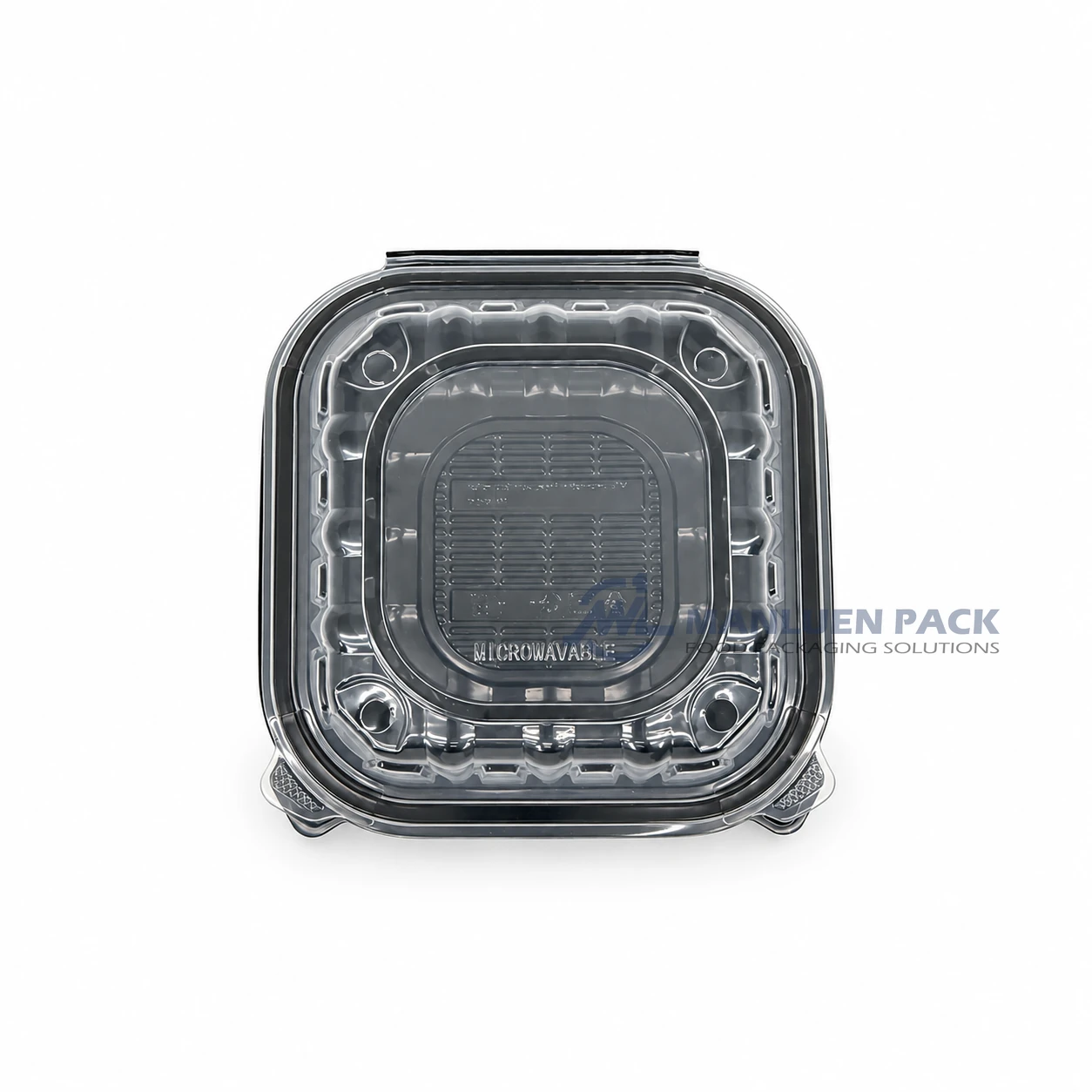 WL-BW81 Disposable Large 8x8 PP Hinged Clamshell Container with Clear Lid 3 WL-BW81 black and clear PP hinged clamshell takeout container transparent lid top view