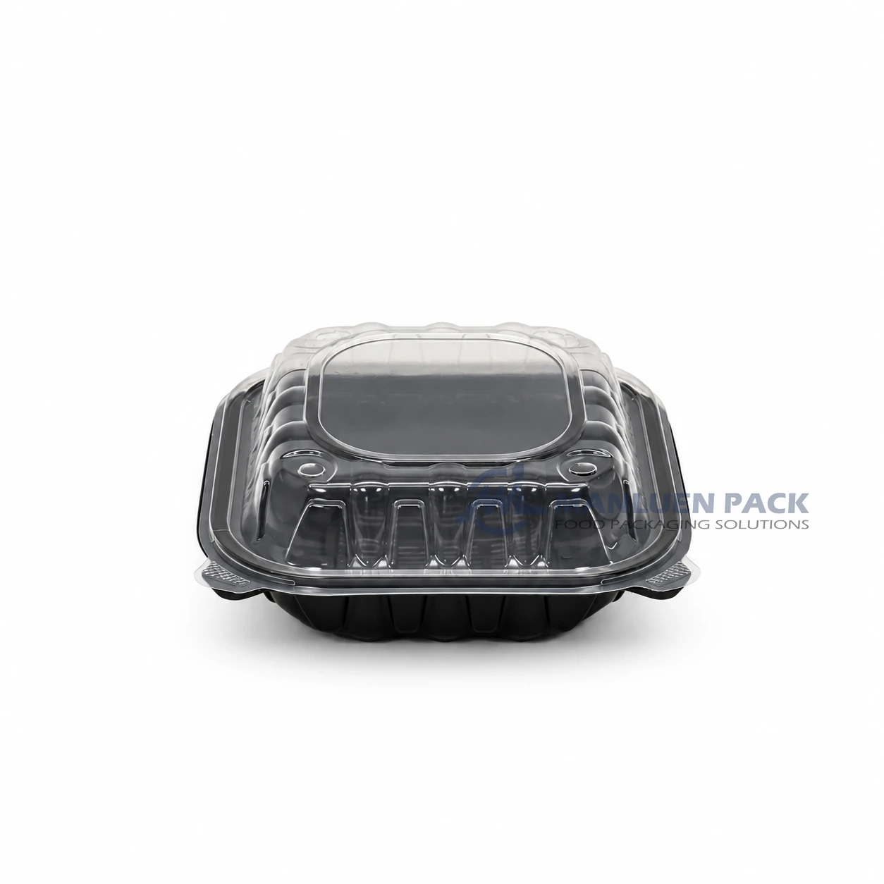 WL-BW81 Disposable Large 8x8 PP Hinged Clamshell Container with Clear Lid 1 WL-BW81 large black PP square clamshell container with clear hinged lid closed front view