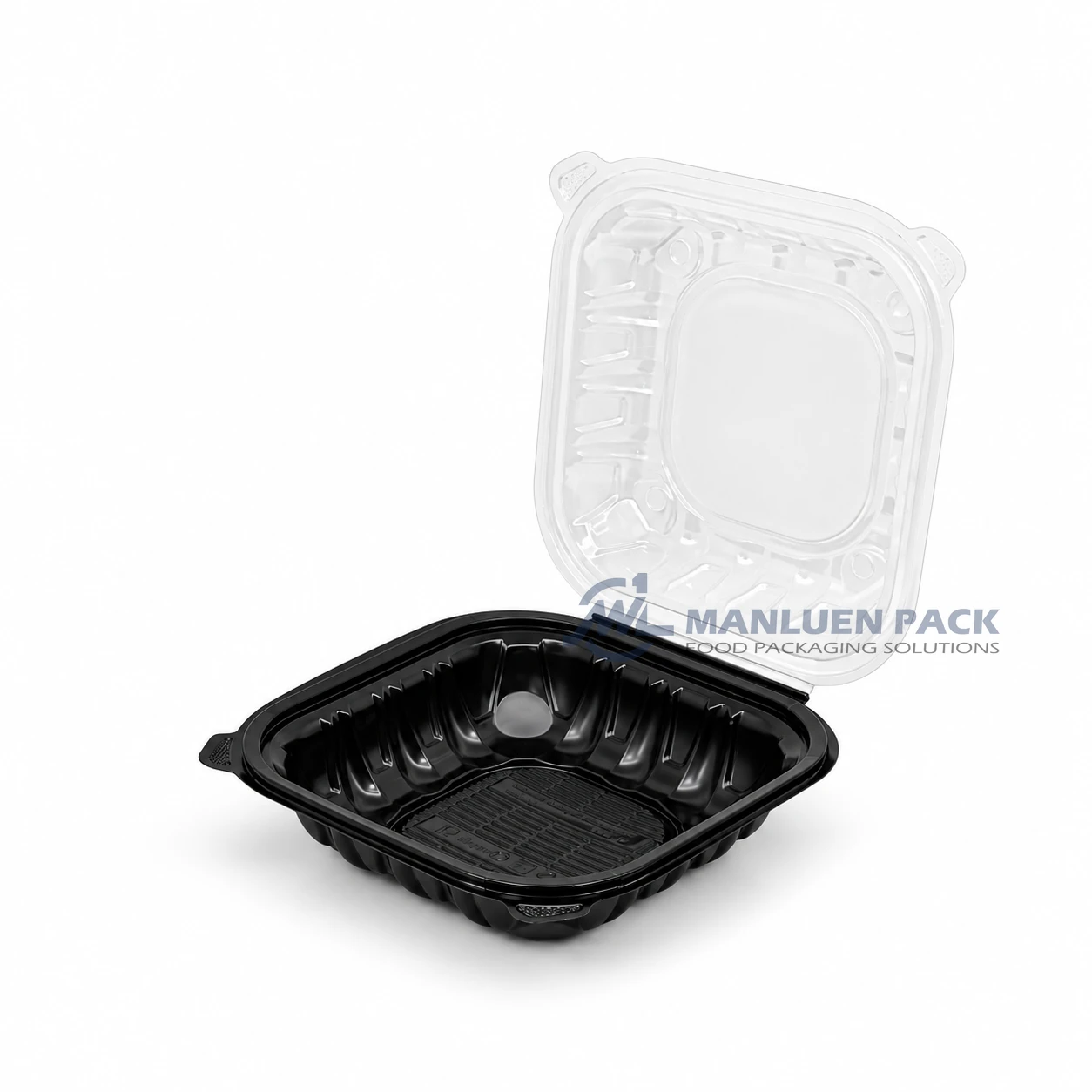 WL-BW81 Disposable Large 8x8 PP Hinged Clamshell Container with Clear Lid 2 WL-BW81 large single compartment black clamshell food container with lid open right view for salad and sandwich packaging