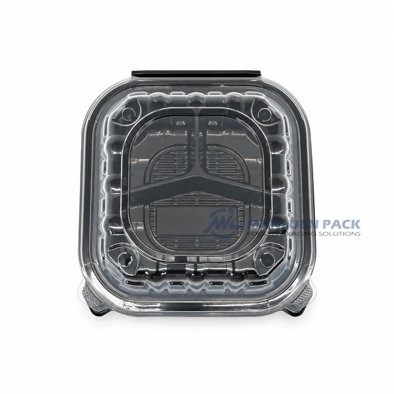 WL-BW83 8x8 Three Compartment PP Hinged Clamshell Container 4 WL-BW83 square black three compartment clamshell box with transparent lid top view for wholesale food packaging