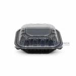 Wl Bw83 Black Three Compartment Hinged Deli Container Closed Front View 05