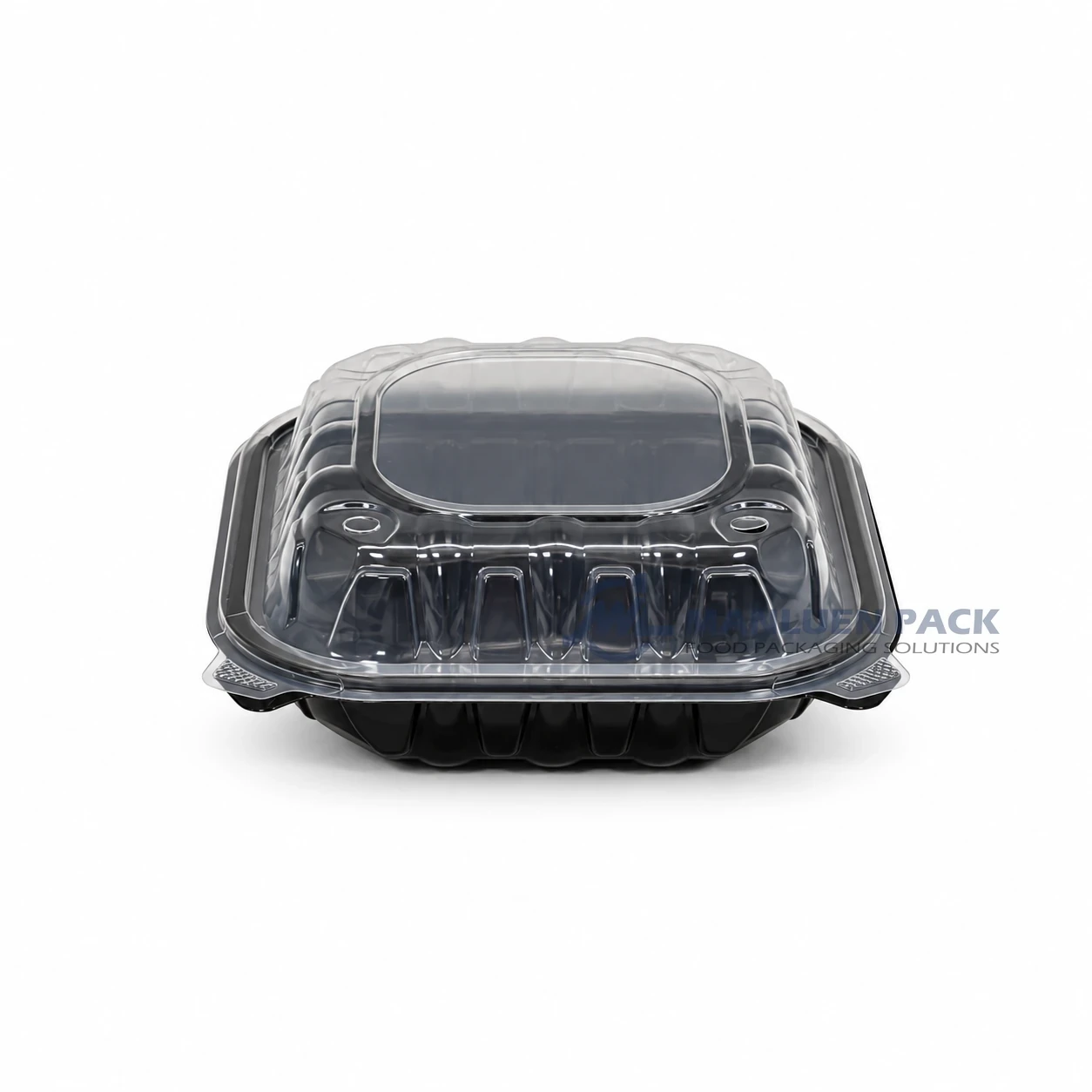 WL-BW83 8x8 Three Compartment PP Hinged Clamshell Container 2 WL-BW83 black and clear three section hinged clamshell box closed front view for takeaway meals