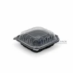 Wl Bw83 Black Three Compartment Hinged Deli Container Closed Left Angle View 01