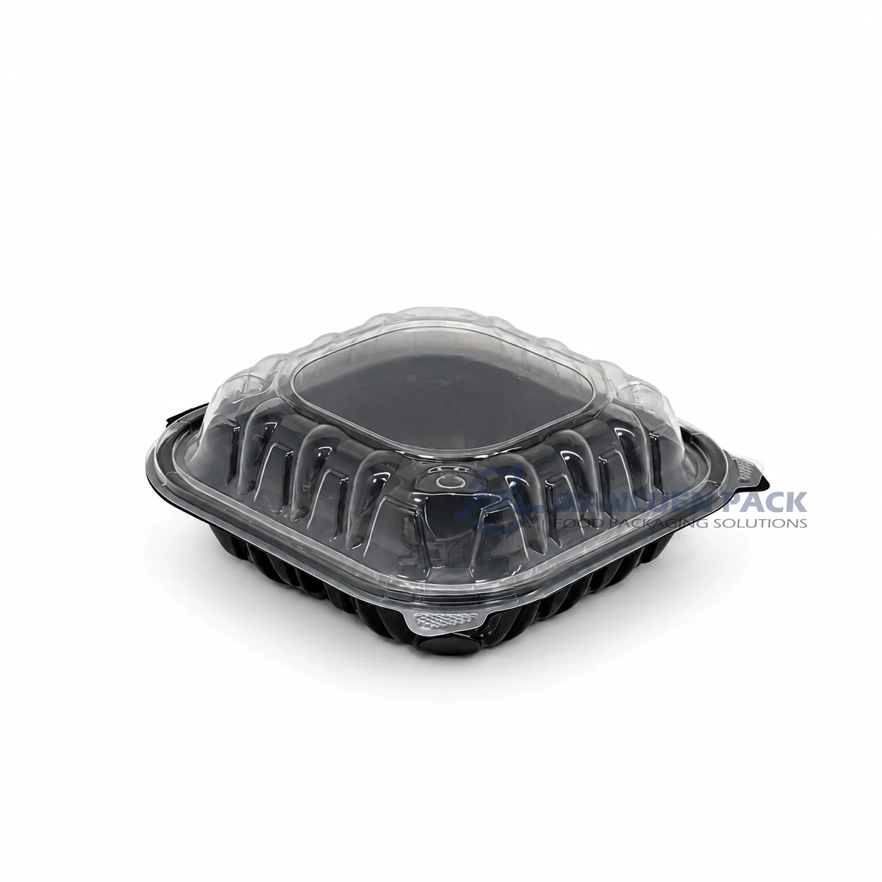 WL-BW83 8x8 Three Compartment PP Hinged Clamshell Container 3 WL-BW83 large 8x8 black plastic three compartment clamshell takeout container closed right angle view