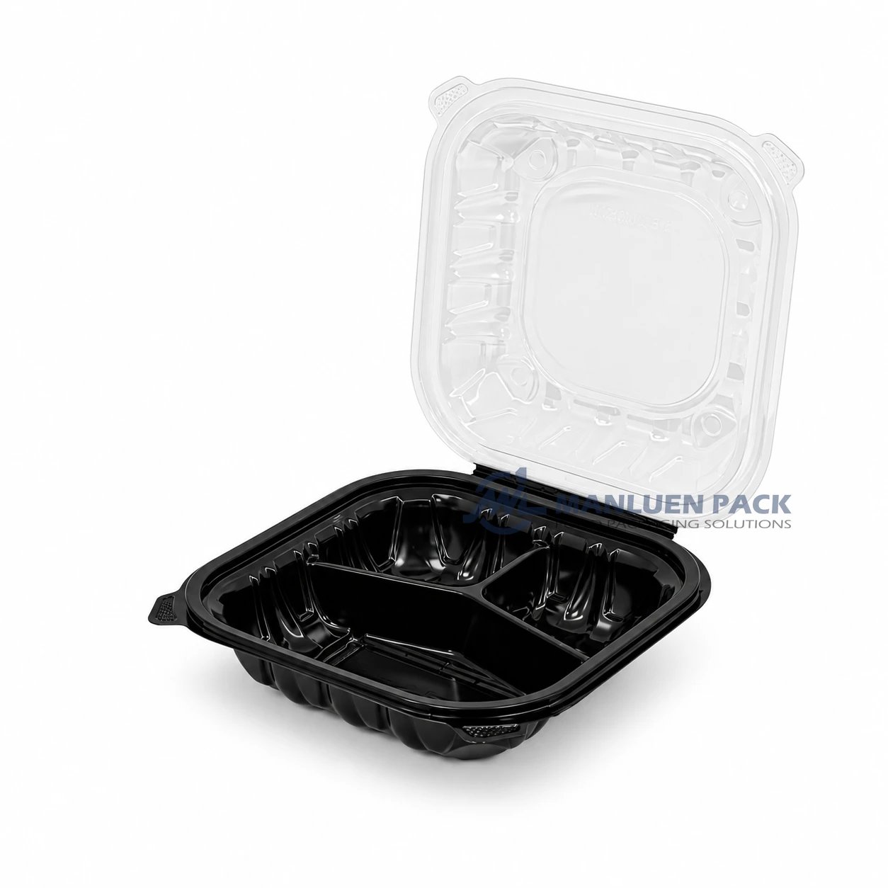 Wl Bw83 Black Three Compartment Hinged Deli Container Open Lid Front View 06