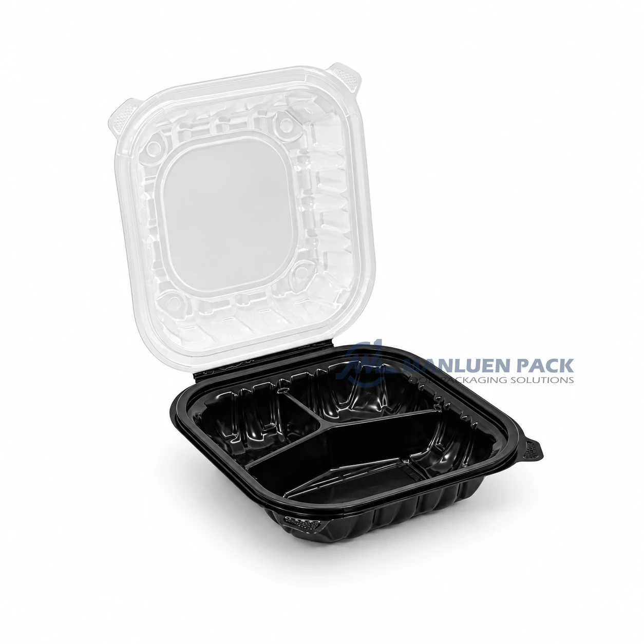 WL-BW83 8x8 Three Compartment PP Hinged Clamshell Container 1 WL-BW83 black PP three compartment clamshell container with clear hinged lid open left view