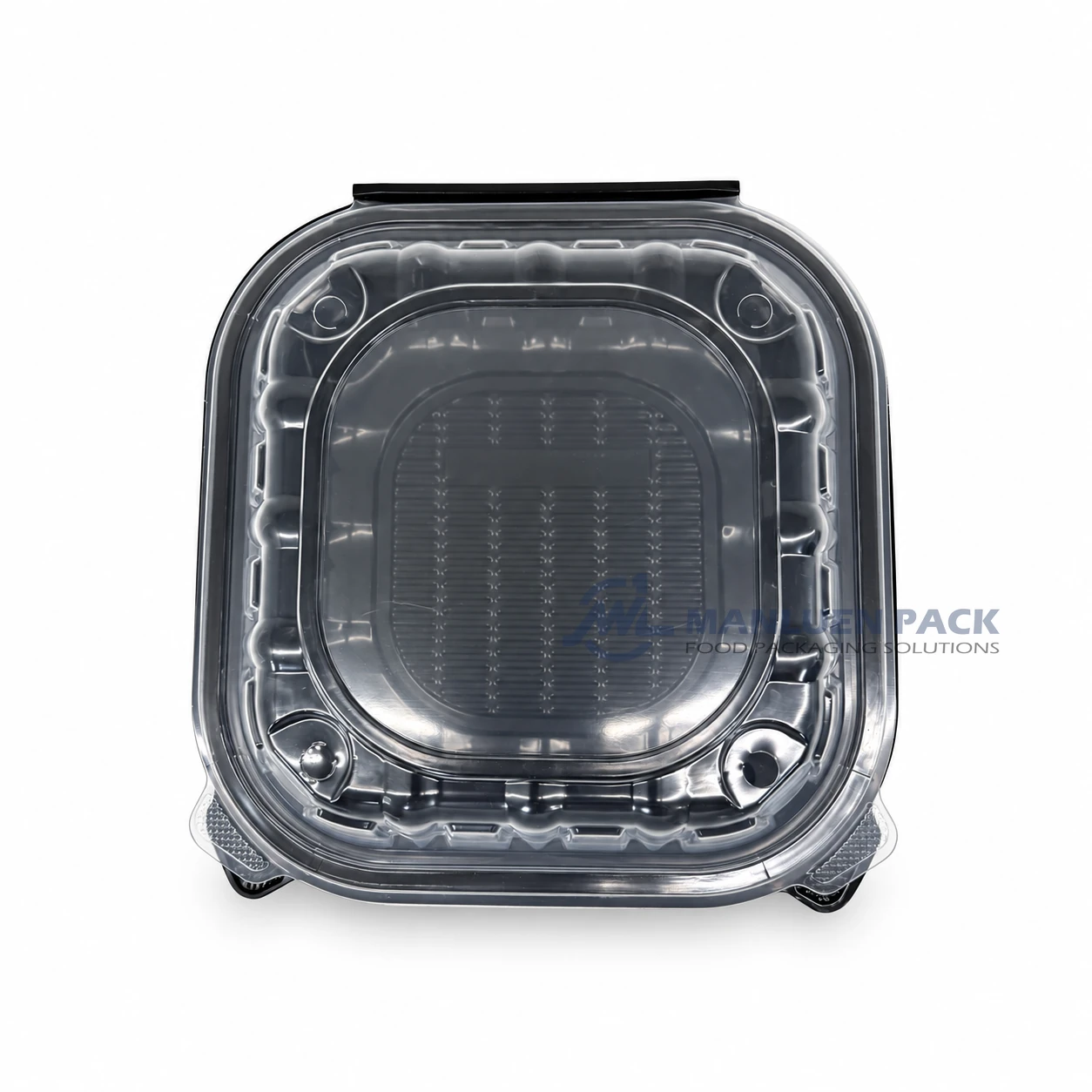WL-BW91 Large 9x9 PP Hinged Clamshell Takeout Container 4 WL-BW91 big black PP square clamshell box with transparent hinged lid top view for wholesale food packaging