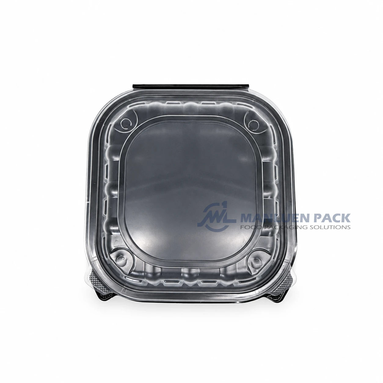 WL-BW93 9x9 Three Compartment PP Hinged Clamshell Container For Sale 3 WL-BW93 large square PP divided takeout container with transparent hinged lid top view