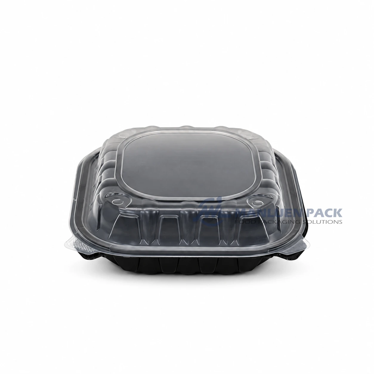 Wl Bw93 Black Three Compartment Hinged Deli Container Closed Front View 05